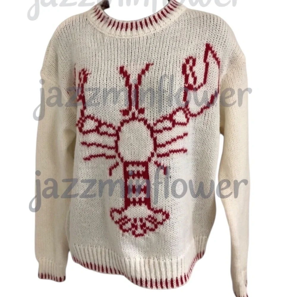 offwhite red whipstitch style lobster print crochet knit sweater size medium new